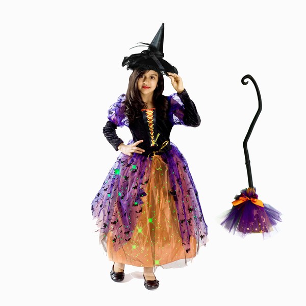 MONIKA FASHION WORLD Witch costume for girls with BROOM, black hat skirt lights up (Large (8-10))