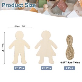 PATIKIL 4" Height Natural Wooden People Cutouts, 50Pcs Blank Female Male Shapes Unfinished Wood Hanging Ornaments & 6.6FT Jute Twine for DIY Crafts