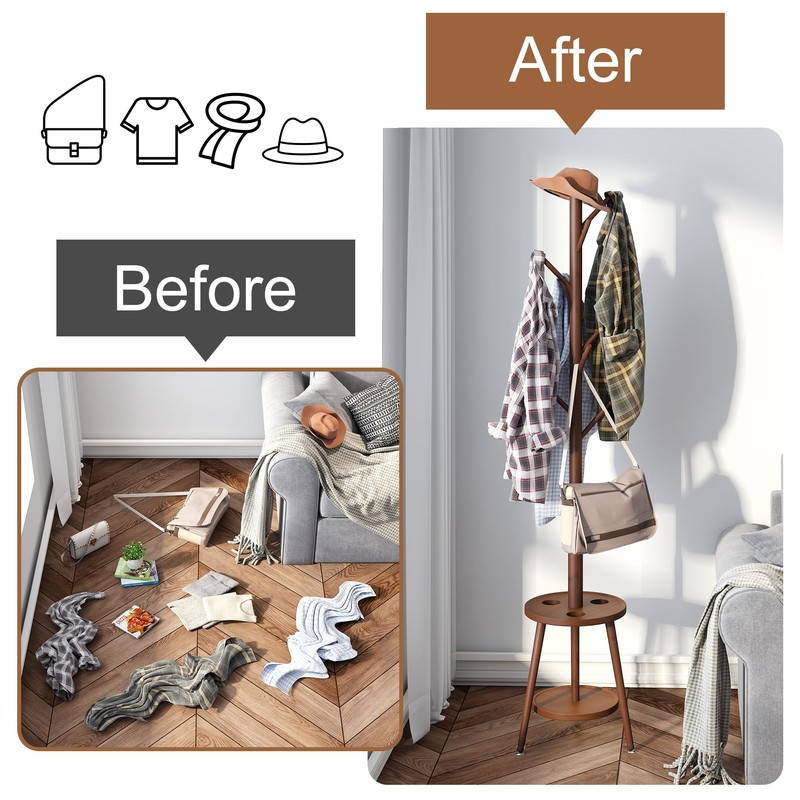 FILWH Freestanding Coat Rack with Umbrella Organizer Tray Bamboo Coat