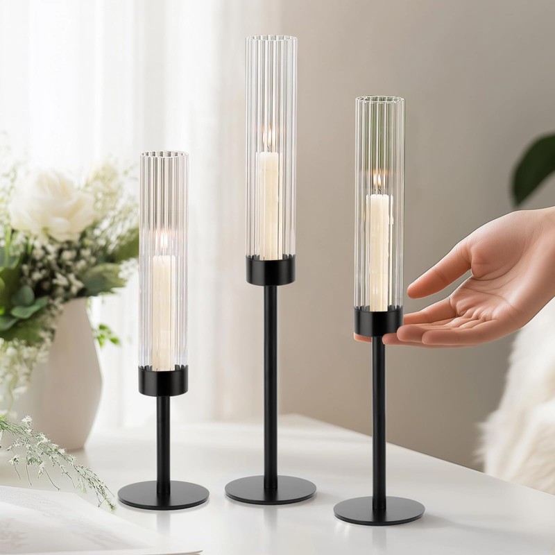 Black Hurricane Candle Holders, Set of 6 Glass Taper Candlestick