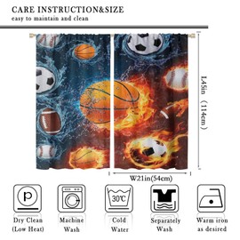 Boys Sports Kids Curtains for Bedroom, Fire Basketball Football Soccer 3D Ball Window Treatments for Living Room,Teen Boys Girls Room Decor Drapes 2 Panel Sets,42x45 Inch