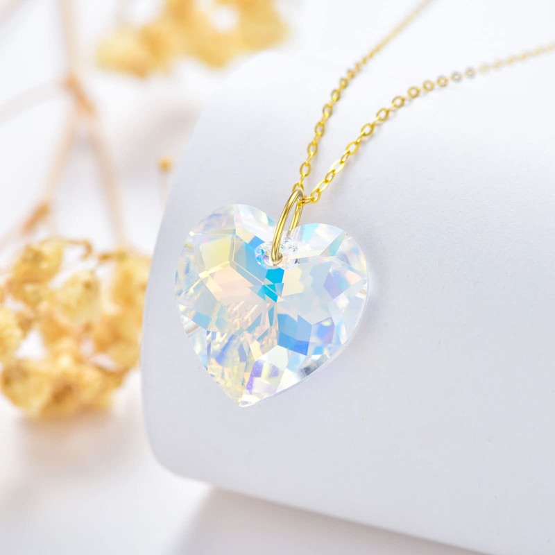 14K Gold Crystal Heart Necklace for Women, Solid Gold Love