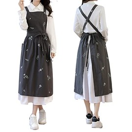 TALIBSA Pinafore Apron Dress，Japanese Cotton Linen Cross Back Apron for Women with Pockets，Cooking Apron,Gardening Apron
