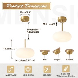 Magiroz Gold Globe Pendant Light Fixture Vintage Hanging Light Fixtures Modern Pendant Lights Kitchen Island Set of 2 Farmhouse Dimmable LED Pendant Light with Remote Control MPL02-20G-2 (2 Pack)
