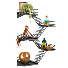 MVPSONAG Fire Escape Shelf - 5 Tier Large Metal Black Fire Escape Wall Shelves with Baskets, New York Action Figurine Display Shelf, Unique Rustic Floating Decorative Wall Shelves for Home