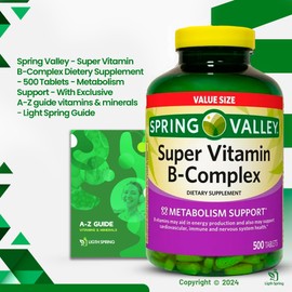 Spring Valley Super B-Complex Tablets, 500 Count Dietary Supplement (2 Pack) with Exclusive Vitamins & Minerals A to Z - Better Ligth&Spring Guide (3 Items)