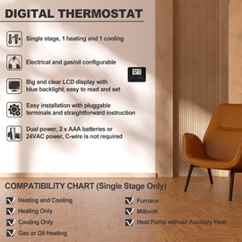 ELECTECK Non-Programmable Digital Thermostat for Home, up to 1 Heat/1 Cool with Large LCD Display, Compatible with Single Stage Electrical and Gas/Oil System, Black