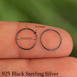 Small Black Sterling Silver Huggie Hoop Earrings for Women Cartilage Nose Helix Tragus (Black Silver, 8mm 24 gauge / 1 pair)