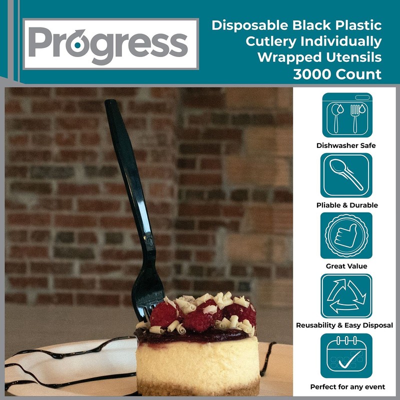 Progress Plastic Cutlery individually wrapped utensils, Heavy Weight black disposable