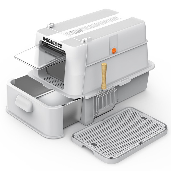 Wooaidagg Covered Stainless Steel Cat Litter Box with Odor Control,