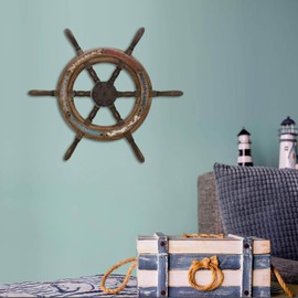 Wood Ship Wheel Nautical Wall Decor Rustic Vintage Boat Steering Wheel Hanging Ornament Wall Art Decorative Wheel Helm Sculpture for Home Beach Theme Decor
