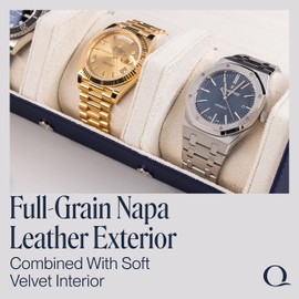 QWATCHBANDS Napa Leather Watch Rolls for Men - Hexagon Triple Watch Roll Travel Case for 3 Watches - Storage Organizer Genuine Leather with Velvet Interior Display (Blue/Cream)