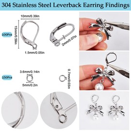 SUNNYCLUE 1 Box 250Pcs Earring Hooks and Jump Rings 100Pcs Stainless Steel Leverback Earring Findings 150Pcs Open Jump Rings Hypoallergenic Lever Back Earring Hooks for Jewelry Making Kits DIY Crafts