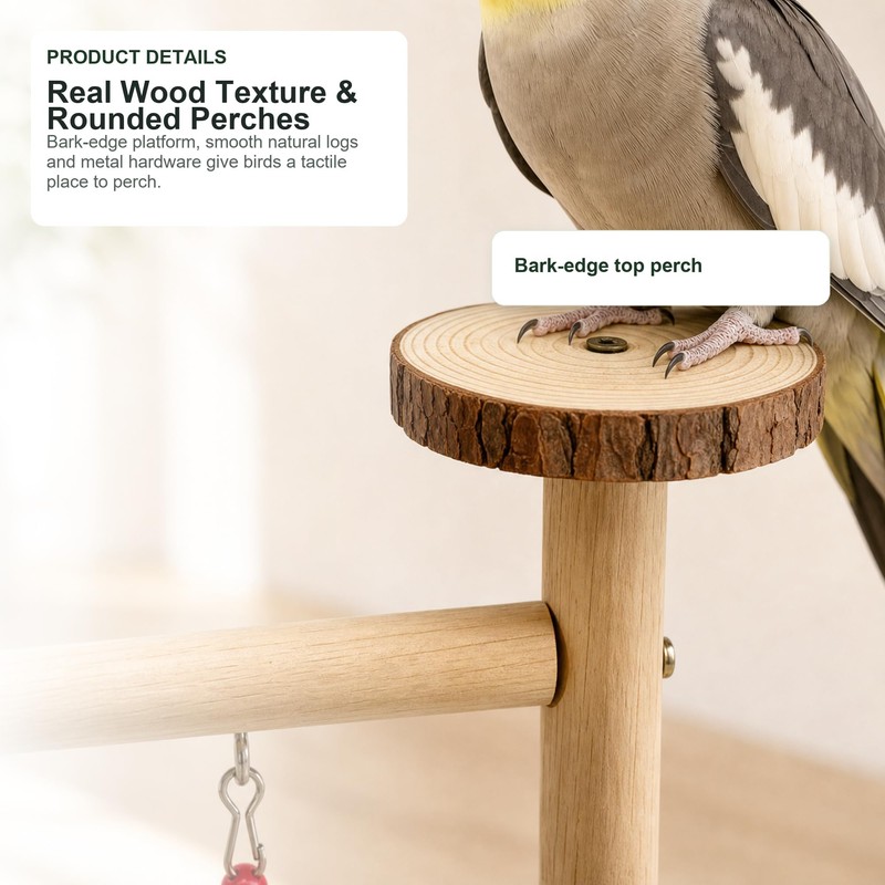 Bird Playground Natural Wood Parrot Stand with Ladder Swing Food