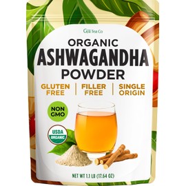 Gya Tea Co Organic Ashwagandha Powder 1.1 lb (17.64 oz) - No Sugar Added, Non GMO, Gluten Free - Great Flavor for Milk, Baking, Drinks, Smoothies & Cakes, Vegan Friendly