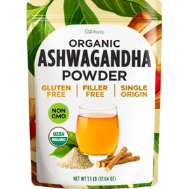 Gya Tea Co Organic Ashwagandha Powder 1.1 lb (17.64 oz) - No Sugar Added, Non GMO, Gluten Free - Great Flavor for Milk, Baking, Drinks, Smoothies & Cakes, Vegan Friendly