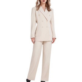 YILOTE Women's 2 Piece Double Breasted Blazer and Wide Leg Pants Pocket Business Casual Office Suit Beige