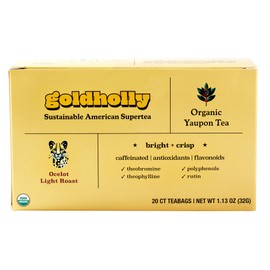 Goldholly Organic Yaupon Tea Bags - Ocelot Light Roast, 20 Count | American Organic Tea for Clean No-Jitter Energy & Focus | Caffeine & Theacrine, Smoother than Traditional Teas | Gold Holly Yaupon