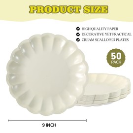 50Pcs Disposable Scalloped Paper Plates Shell Edge Dinner Paper Plates for Wedding Baby Shower Birthday Party Bridal Party Supplies(9 Inch)