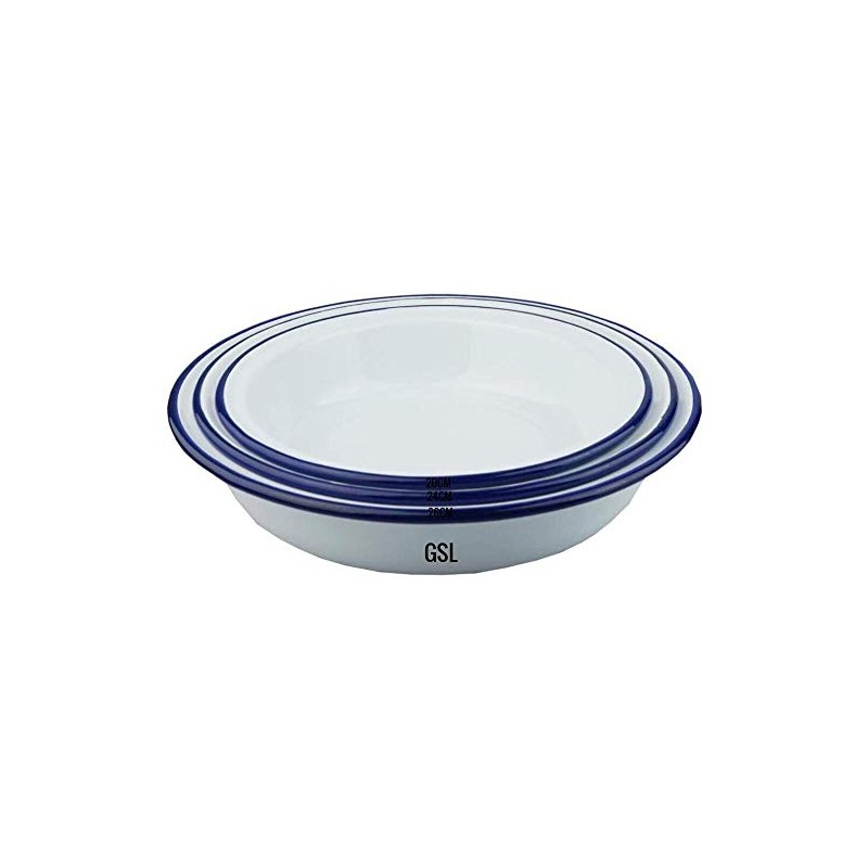 3 Piece Set - Round White Enamel Blue Rim Pie