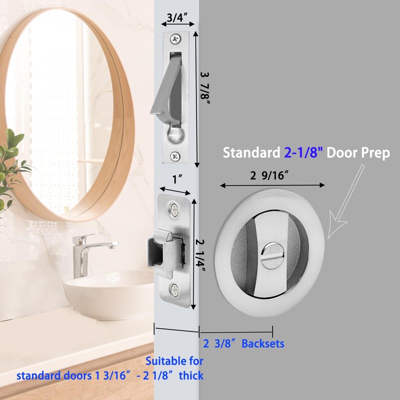 Dontay 2 Pack Pocket Door Privacy Lock, Flush Handles, 2-3/8"