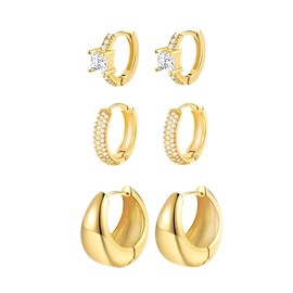 FDEETY Gold Earrings Set Women's 3 Pairs 14K Gold-Plated with Zirconia Chunky Hoop Earrings Hypoallergenic Lightweight Thick Huggie Open Hoop Earrings Ear Cuff Earrings Set for Multiple Ear Holes,