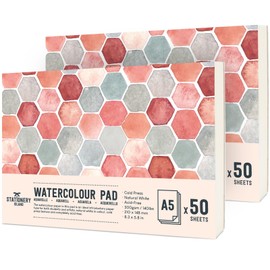 STATIONERY ISLAND Watercolour Paper A5 Pad, 50 Sheets, Pack of 2 - Natural White 300gsm Glue Bound, Cold-Pressed Texture, Watercolour Sketchbook for Painting, Drawing and Mixed Media