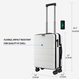 KROSER Expandable Top Opening Carry On Luggage with Spinner Wheels & Built-in TSA Lock, Hard Shell Suitcase Durable Rolling Luggage with USB Port, Carry-On 20-Inch, White
