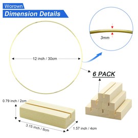 Worown Worown 6 Pack 12 Inch Metal Floral Hoop Centerpiece with 6 Pack Wooden Stand for Table, Gold Metal Rings for Making Wedding Table Wreath Decor, Wall Hanging Wreaths and Dream Catcher Crafts