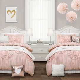 Lush Decor Serena Comforter Pink Blush Ruched Flower 2 Piece Set, Twin XL