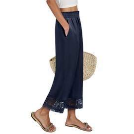 Hubery Womens Summer Casual High Waisted Wide Leg Pants Flowy Boho Ankle Lounge Pants Palazzo with Pockets Dark Blue M