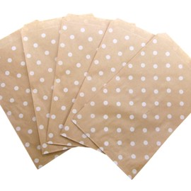 N'icePackaging 50 Qty 4" x 6" Decorative Flat Paper Gift Bags - White Polka-Dot on Brown Kraft Bags - For Sales/Treats/Parties Cookies/Gifts