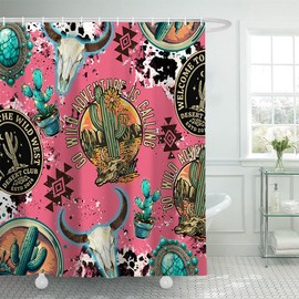 Dongbei Western Shower Curtain for Bathroom Pink Funny Southwestern Shower Curtains Set with Cow Skull Cactus Country Ranch Desert Cowboy Bath Decor with Hooks 70X70IN