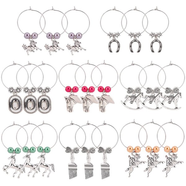 [BENECREAT] 24pcs 8 Style Wine Glass Charm Markers Cowboy Metal Ring Identifier Horseshoe Horse Hat Mark Marker Accessories for Party Cup Wine Restaurant