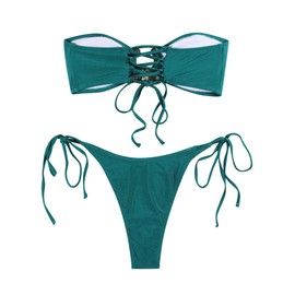 ZAFUL Women's Bandeau Bikini Shiny Metal Ring Decor Lace Up Tied Side High Cut Strapless Swimsuit(1-A-Green,S)