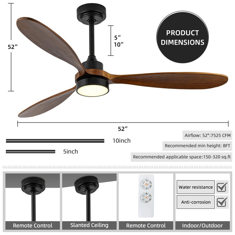 GESUM 52" Outdoor Ceiling Fan With Light, 6 Speeds, Remote