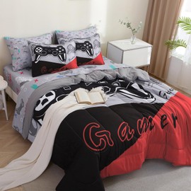 PALENVILI 7 Pieces Gamer Comforter Set for Boys Twin Size Gaming Bedding Set for Kids Girls Teens,Video Game Bed in a Bag with Comforters, Sheets, Pillowcases & Shams (Red, Twin)