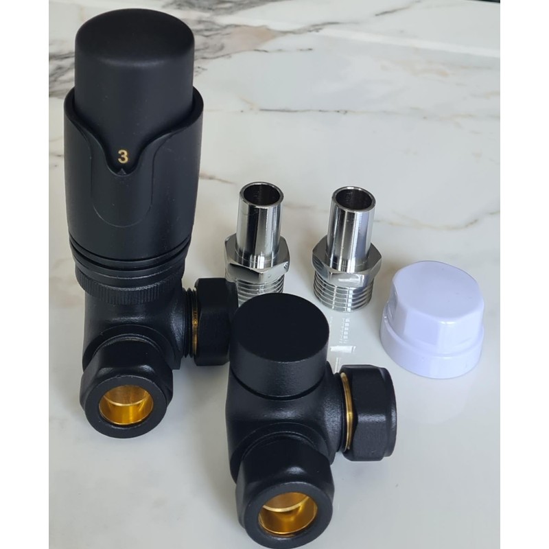 Team Controls Matt Black Corner TRV Thermostatic Radiator Valves Angled