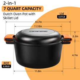 2-in-1 Pre-Seasoned Cast Iron Double Dutch Oven Pot with Skillet Lid & Silicone Sleeves – Raised Rib Skillet Lid– Umite Chef Cast Iron Skillet Cookware Pan Set wirh Dual Handles – Oven, Grill, Campfire & Stovetop Safe –PFAS-Free, 7QT