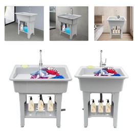Spacious Gray Utility Sink Laundry Tub, Freestanding Sink Wash Station W/Faucet & Storage Shelf, Cleaning Tank For Laundry, Bathrooms, Sundry Rooms (25.6" x 21.65" x 31.5")