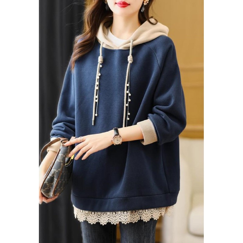 NEKORA Women's Hoodie, Pullover, Hooded, Lace, Top, Faux Pearl, navy