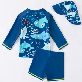 Achiyi Boys Swimsuit Rash Guard Sets Quick Dry Bathing Suits Swimwear Summer Beach Elastic Swim Set with Sun Hat Dark Blue Shark 12-18M