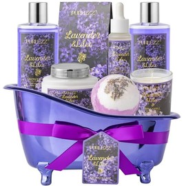 Regalos de cumpleaños para mujeres, kit de spa de lujo para el hogar, juego de regalo de baño de 8 piezas de lavanda y lila, cestas de regalo para