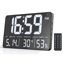 PASIVOLE Digital Wall Clock with 13 Inch Large Display, Date, Week, Temperature, DST, Automatic Dimming, Remote Alarm Clock for Living Room, Bedroom, Office