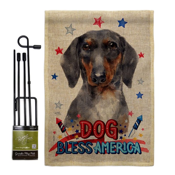Patriotic Black Tan Dachshund Burlap Garden Flag Set with Stand