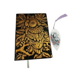 3D Cover Owl Embossed Leather Notebook Journal Handmade Planner Lined Pages Writing Notebook with Panda Bear Bookmark 4 Colors (Cyan Copper)