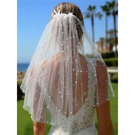 HEREAD Pearl Bride Wedding Veil Short Starfish Waist Length Bridal Tulle Veils Hair Accessories with Comb and Cut Edge (White)