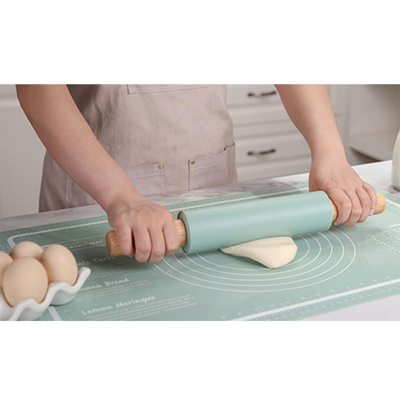 Silicone Rolling Pin for Baking With Thickness Rings Wooden Handle