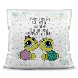 PR Print Royal Deko-Kissen Tiere mit liebem Spruch - Zusammen mit Dir - Schildkröte/Ich Liebe Dich/Geschenk für Freund, Freundin / 40x40 / Weiß - flauschig inkl. Füllung
