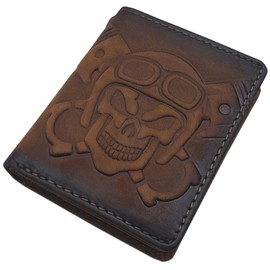 myledershop Small Genuine Buffalo Full Leather Wallet / Purse / Wallet in Portrait Format with 3D Skull Embossing and RFID & NFC Protection, 3D skull embossing/cognac, American